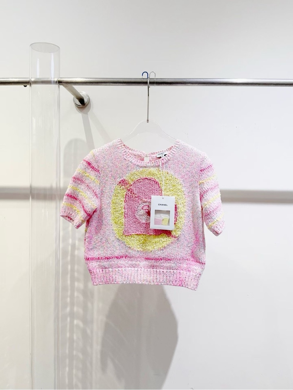 CHANEL Pink & Yellow Short-Sleeve Knit Sweater